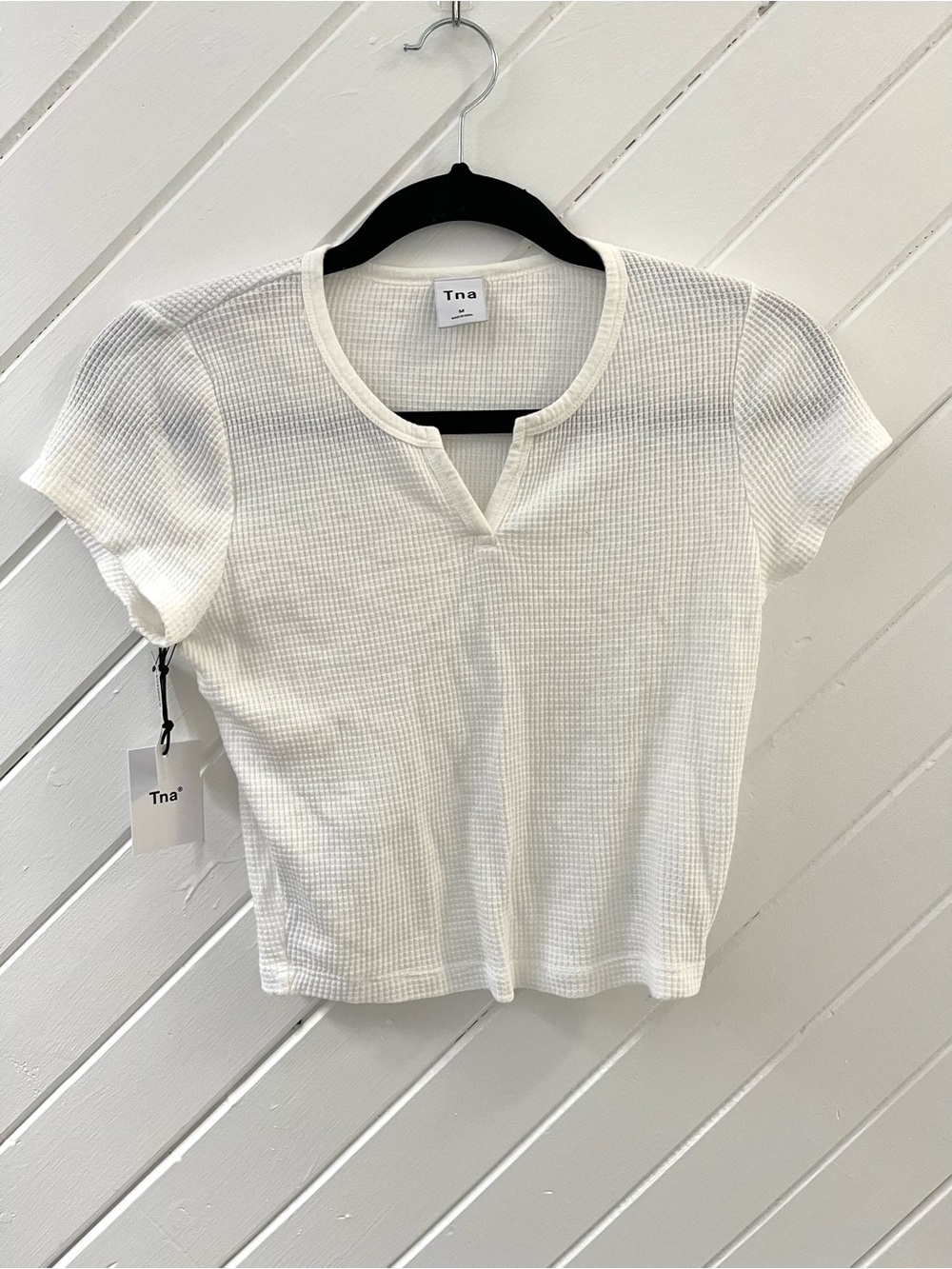 TNA Aritzia White Waffle Short Sleeve Crop Top